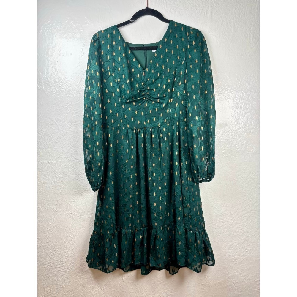 London Times Fit Flare Dress 10 Green Gold Wedding Guest Fairy Metallic Holiday
